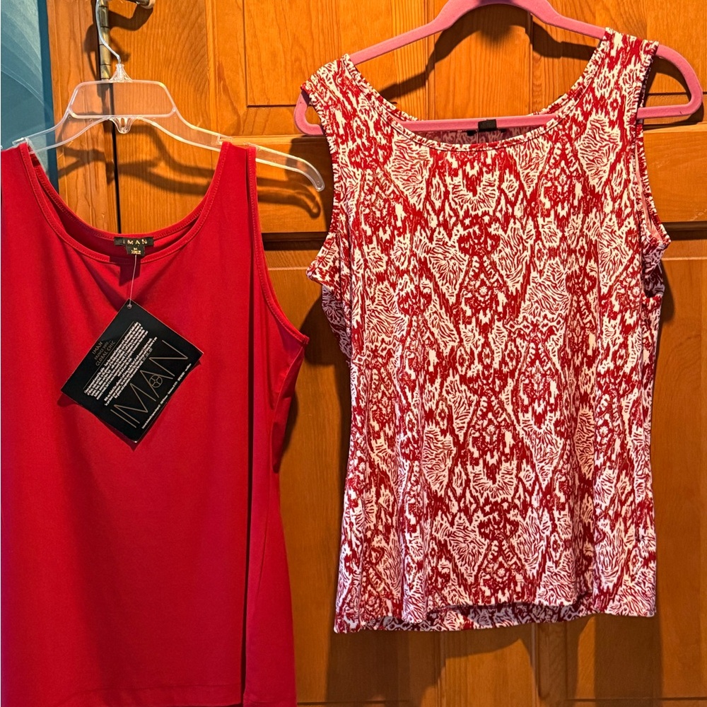 Red and White Patterned Sleeveless 2 Tops